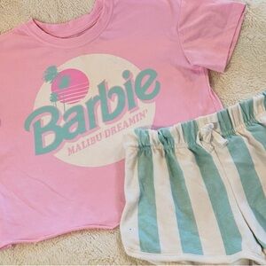 Barbie Pink Top with Mint and White Striped Shorts Pajama Set